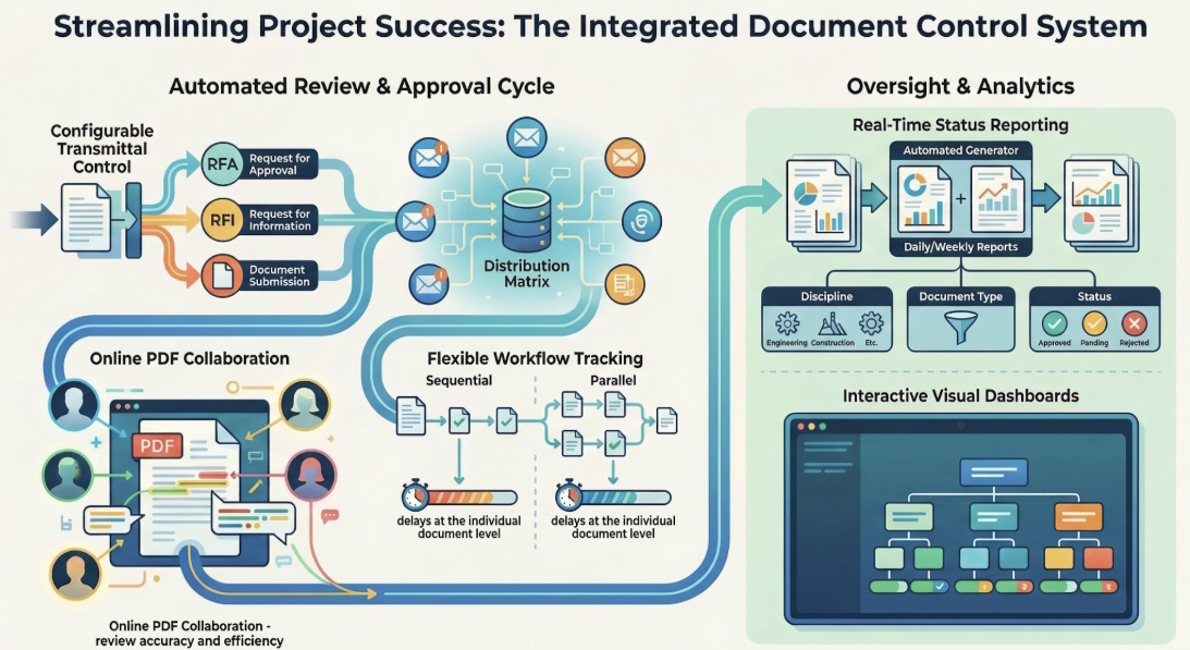 Conzol highlight features — Automated Review and Approval Cycle, Online PDF Collaboration, Flexible Workflow Tracking, Real-Time Status Reporting, Interactive Visual Dashboards